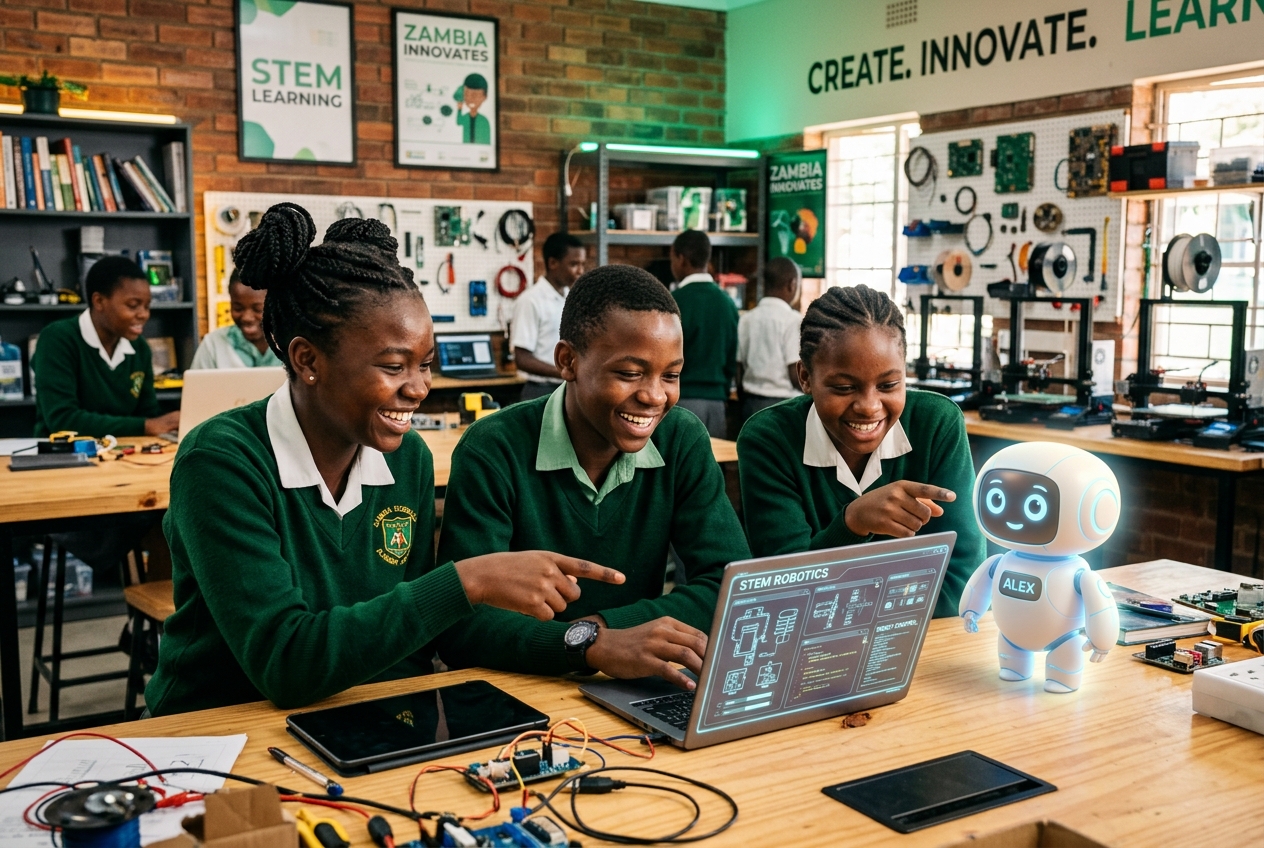 Zambian students collaborating on a robotics project in a STEM lab