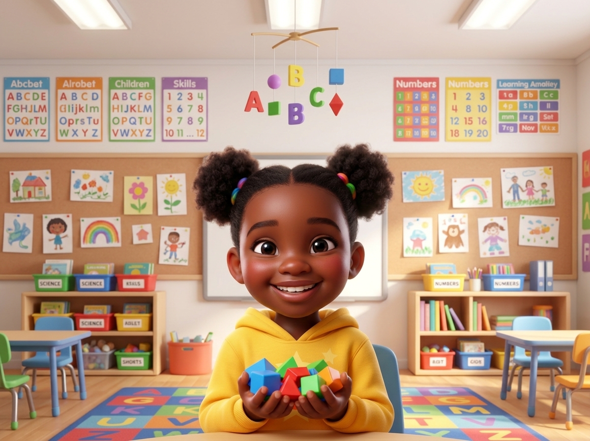 Young learner exploring shapes in a colourful classroom